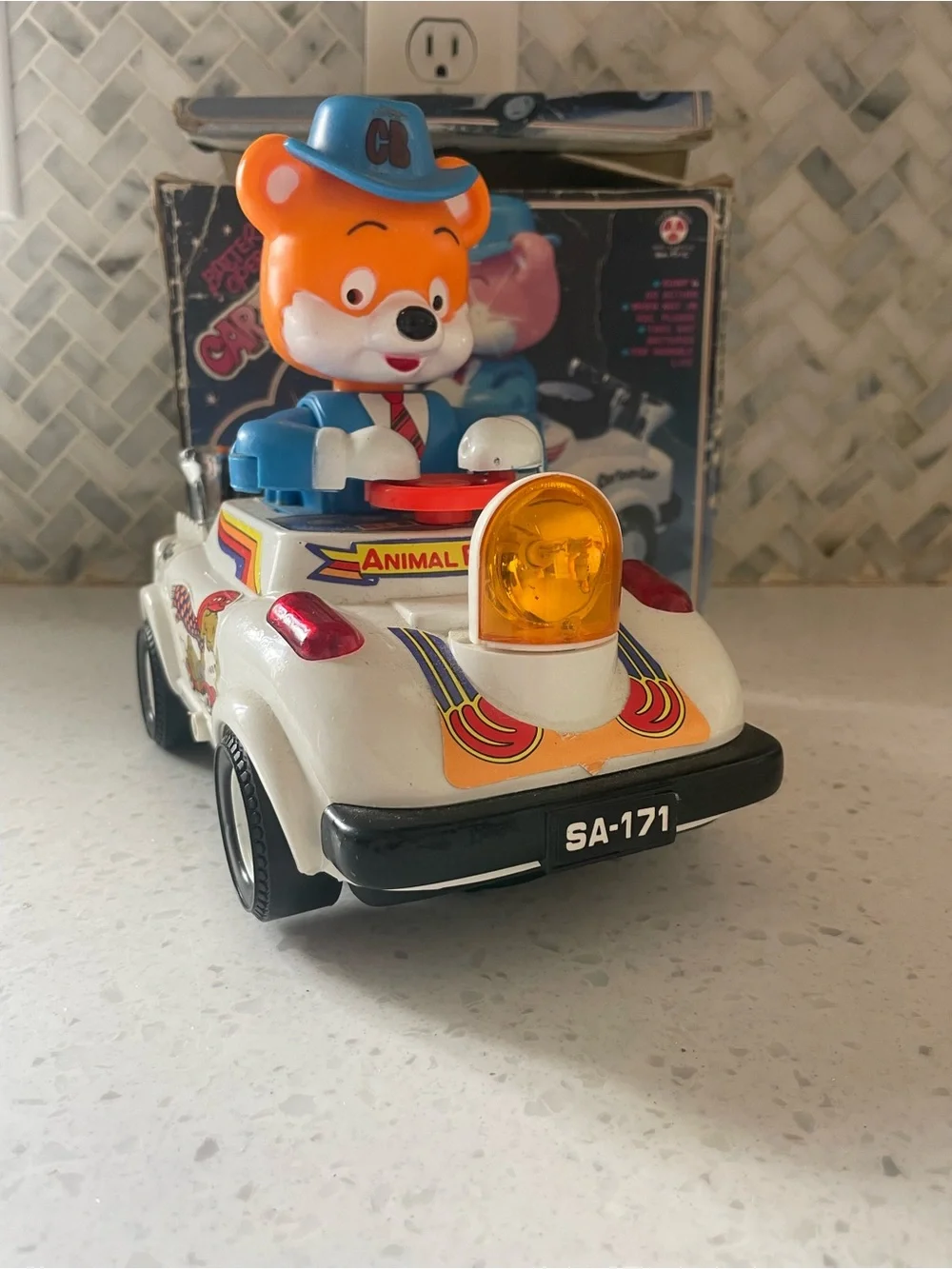 Vintage Cartoon Car Animal Police w/ Bear Plastic Battery Operated Toy W/ Box